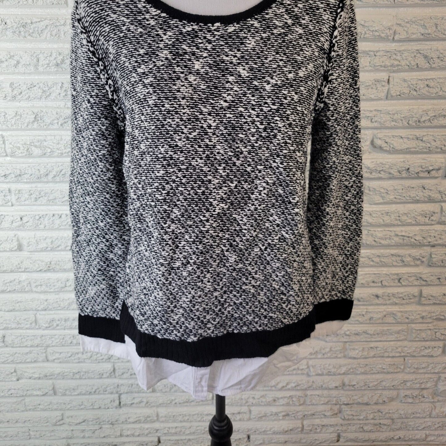 AB Studio Womens Sweater XL Black White Marled Shirt Hem Cotton Blend Comfy