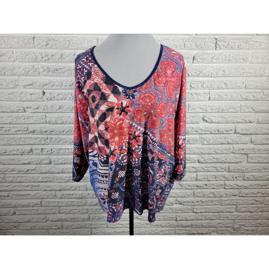 Caia Womens Top 1X Plus 3/4 Sleeve Pink Floral Poly Blend Casual Stretchy