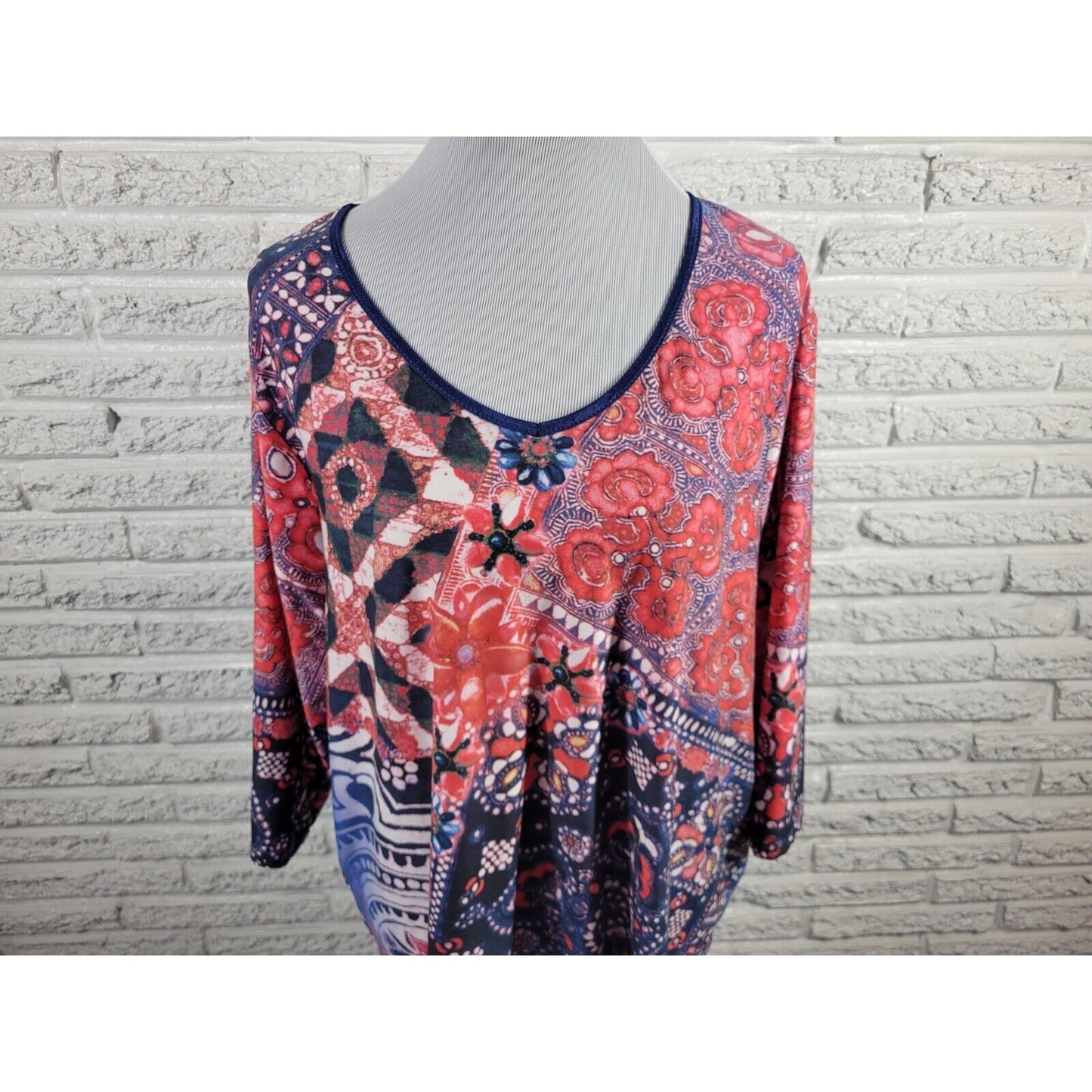 Caia Womens Top 1X Plus 3/4 Sleeve Pink Floral Poly Blend Casual Stretchy