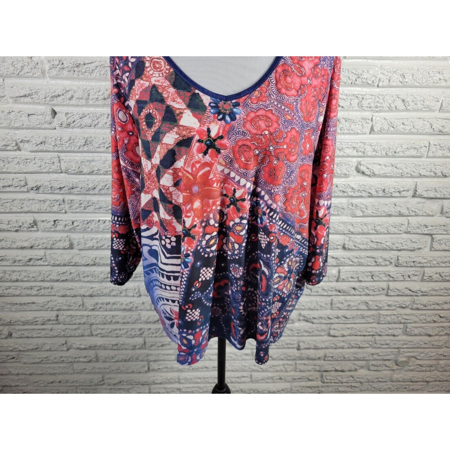 Caia Womens Top 1X Plus 3/4 Sleeve Pink Floral Poly Blend Casual Stretchy