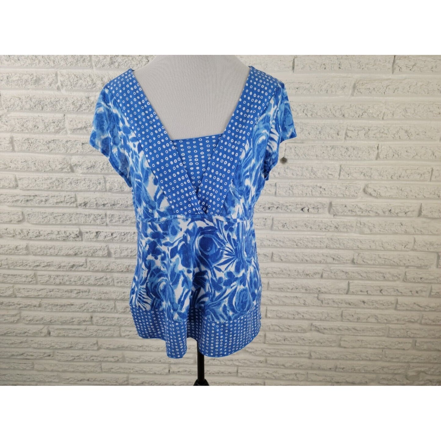 Liz & Co Womens Top Extra Large XL Cap Sleeve Pullover Blue Floral Casual Comfy