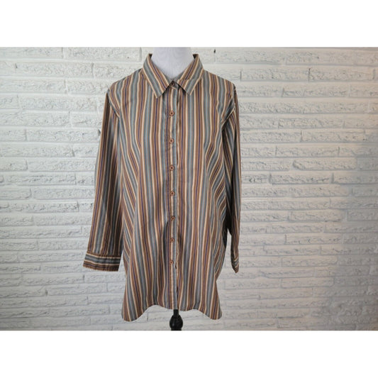 Roamans Womens Shirt 1X Plus Collar Button Up Brown Stripe Cotton Blend Office