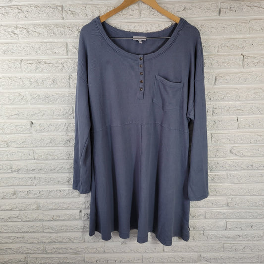 Ocean Coast Women Dress 2X Plus Sweater Mini Blue Waffle Knit Pocket Button Up