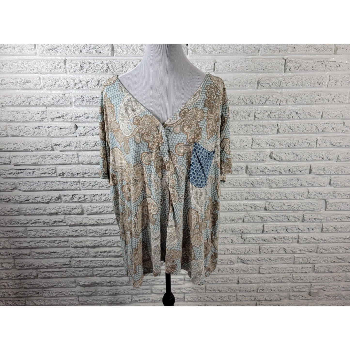 Live Well Womens Top 22W 24W Pajama Blue Tan Paisley Pocket Loungewear Soft