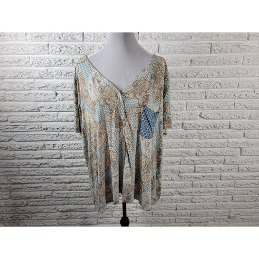 Live Well Womens Top 22W 24W Pajama Blue Tan Paisley Pocket Loungewear Soft