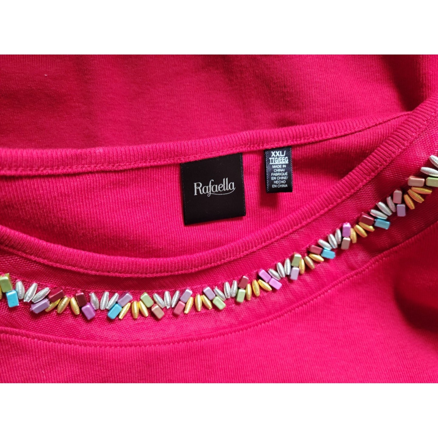 Rafaella Womens Top XXL Plus Tee Short Sleeve Knit Cotton Beads Red Boat Neck