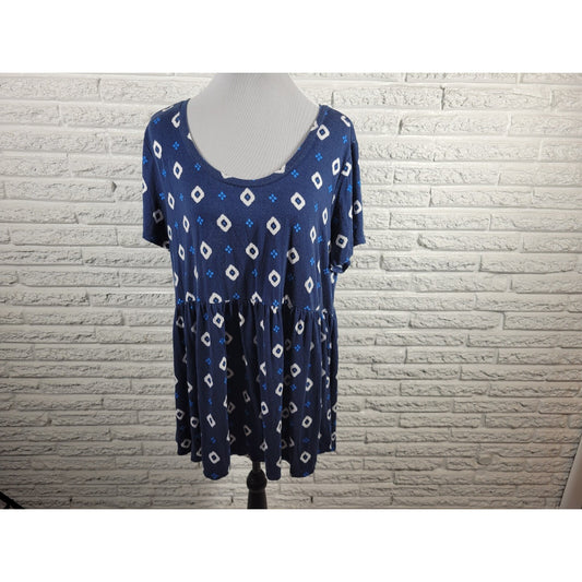 Terra & Sky Women's 1X Blue Diamond Geometric Cap Short Sleeve Top Stretch