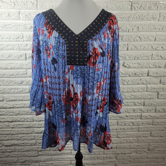 Woman Within Womens Top 1X Plus Tunic Blue Bell Sleeve Lightweight Sheer Studded