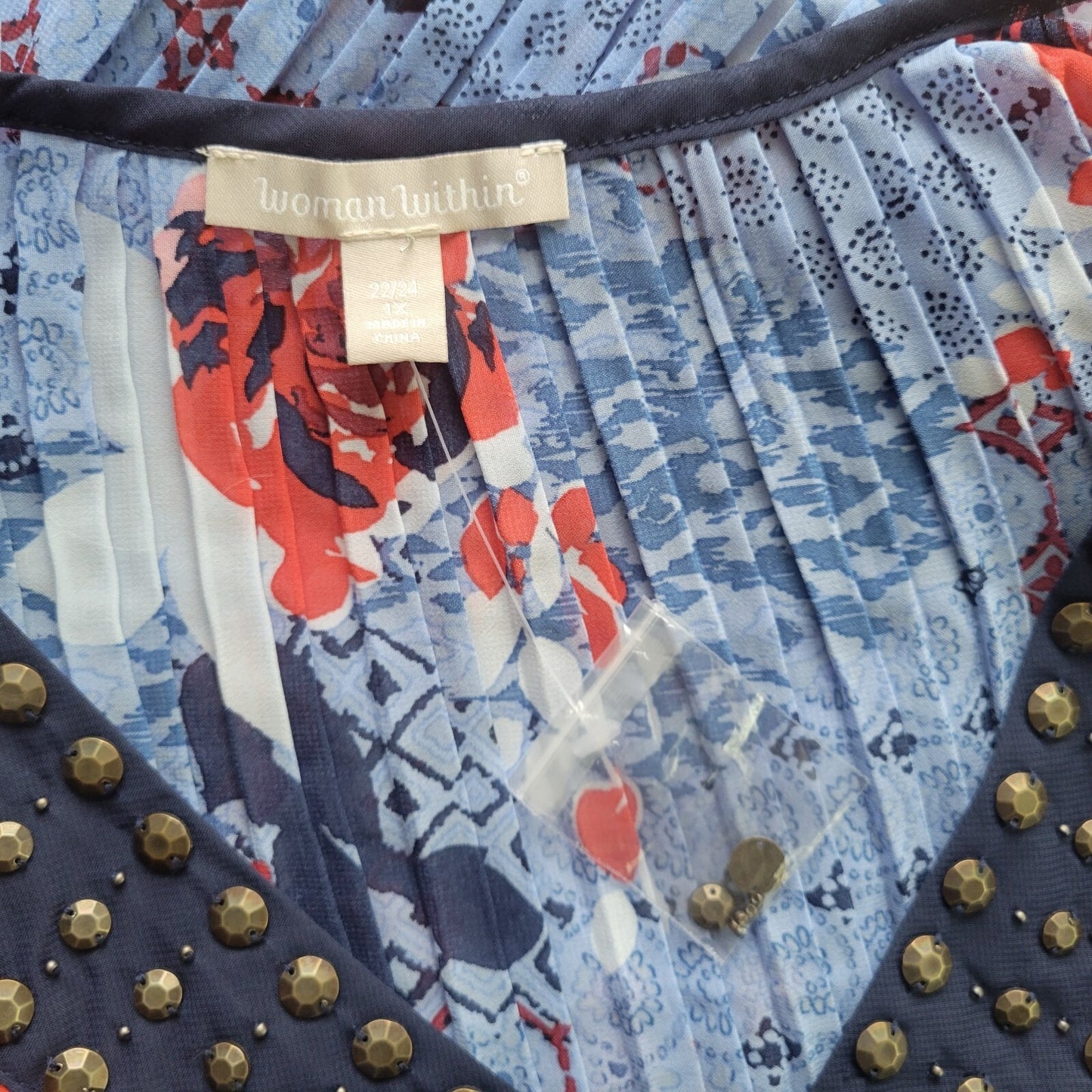 Woman Within Womens Top 1X Plus Tunic Blue Bell Sleeve Lightweight Sheer Studded