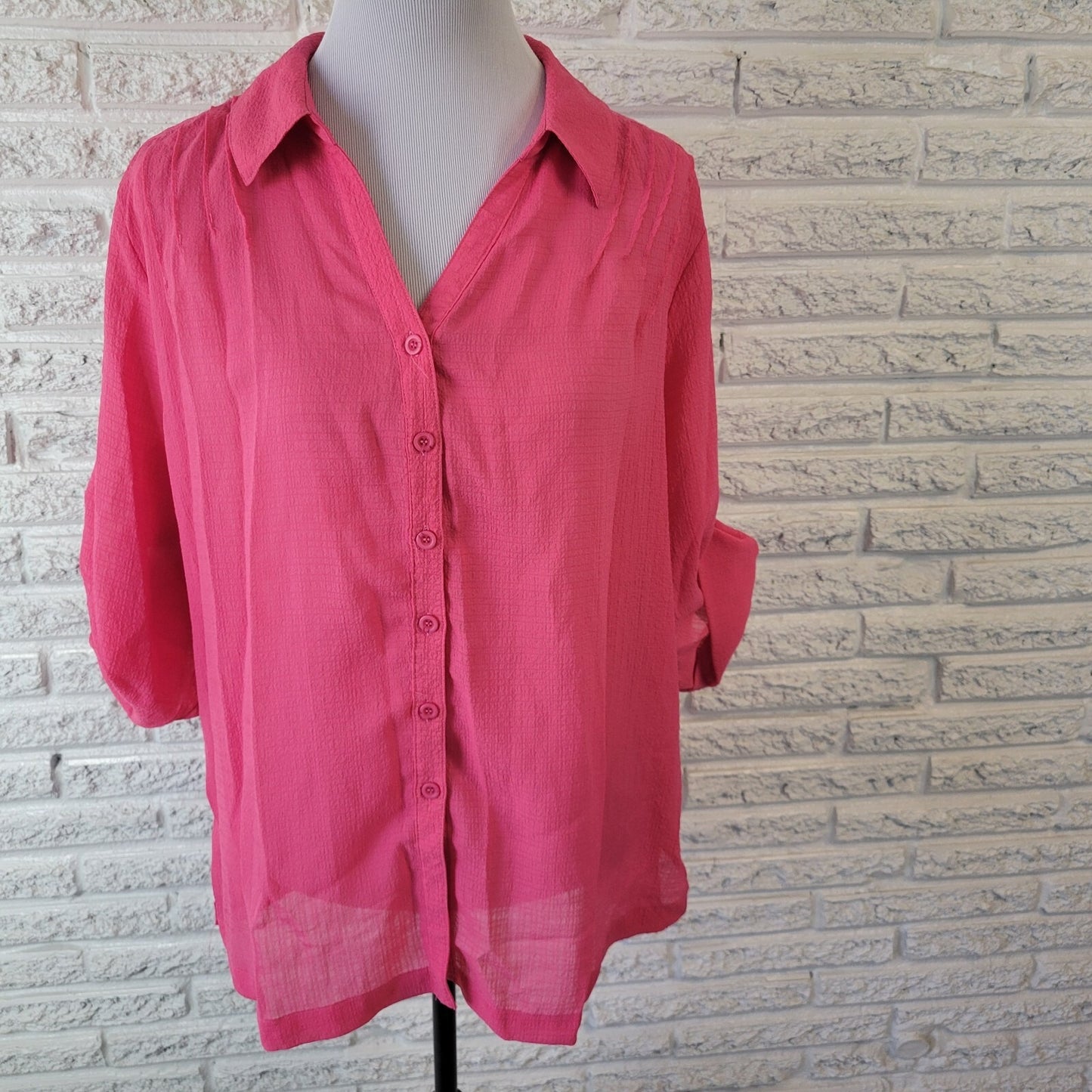 Koret Womens Top XL Roll Tab Sleeve Pink Poly Blend Lightweight Sheer Pintuck