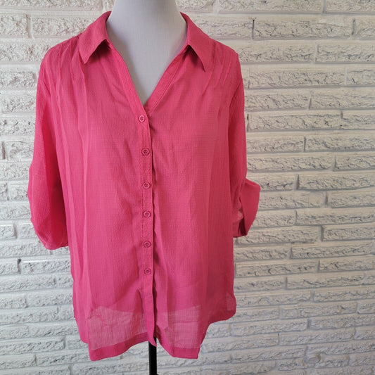 Koret Womens Top XL Roll Tab Sleeve Pink Poly Blend Lightweight Sheer Pintuck
