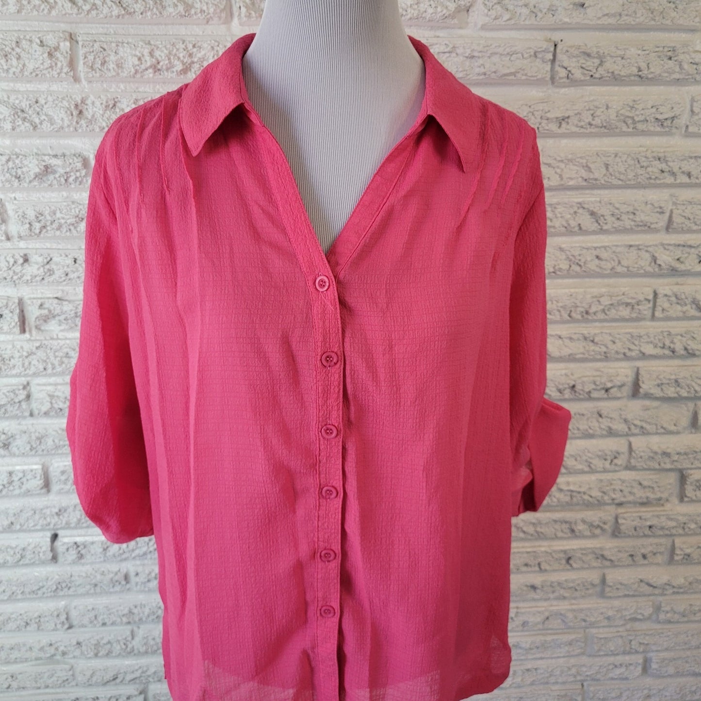 Koret Womens Top XL Roll Tab Sleeve Pink Poly Blend Lightweight Sheer Pintuck