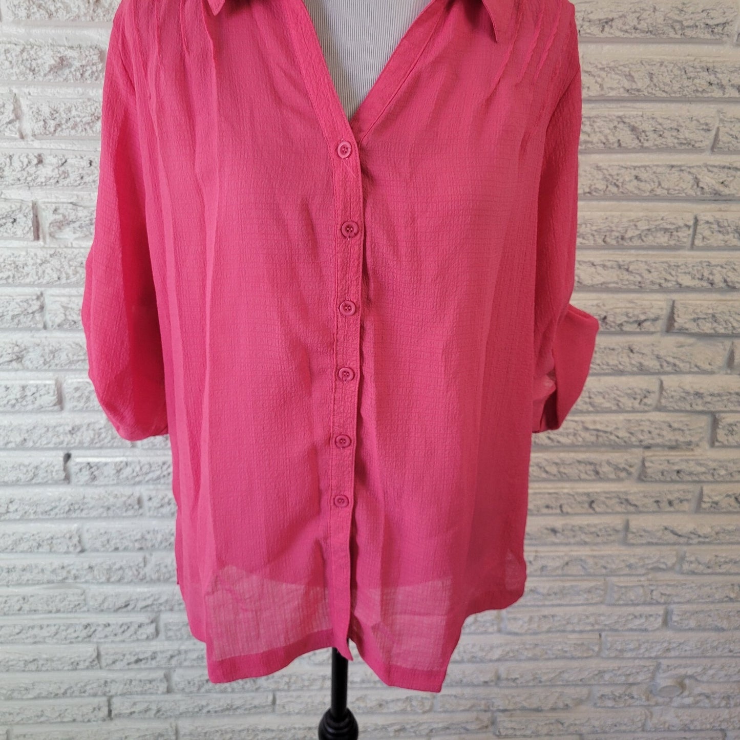 Koret Womens Top XL Roll Tab Sleeve Pink Poly Blend Lightweight Sheer Pintuck