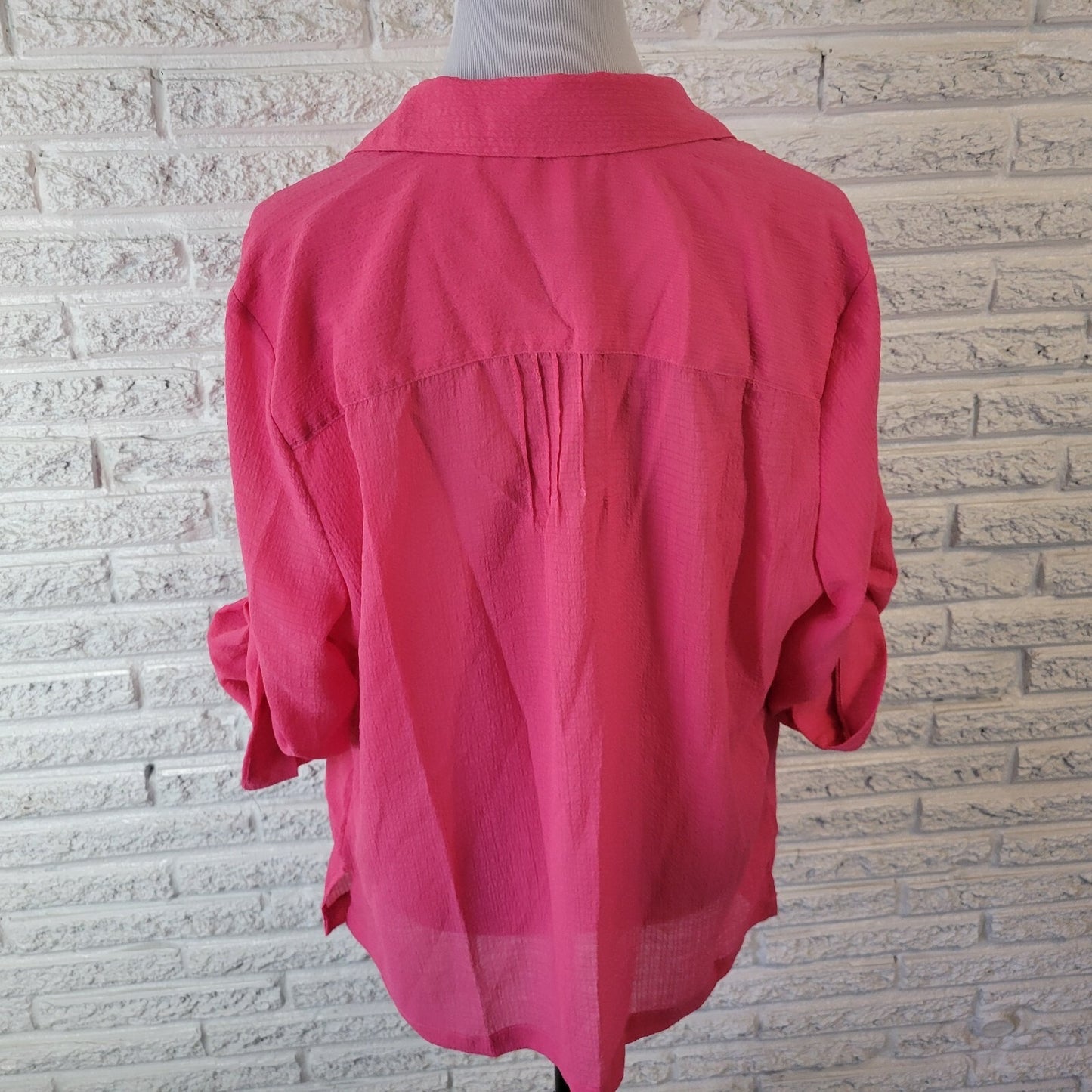 Koret Womens Top XL Roll Tab Sleeve Pink Poly Blend Lightweight Sheer Pintuck