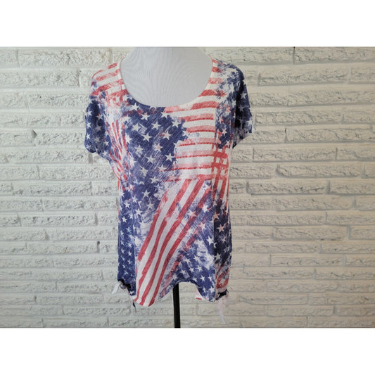 Patriotic BLEU Womens Top XL Tee Fourth of July Flag Studded Casual Cap Sleeve
