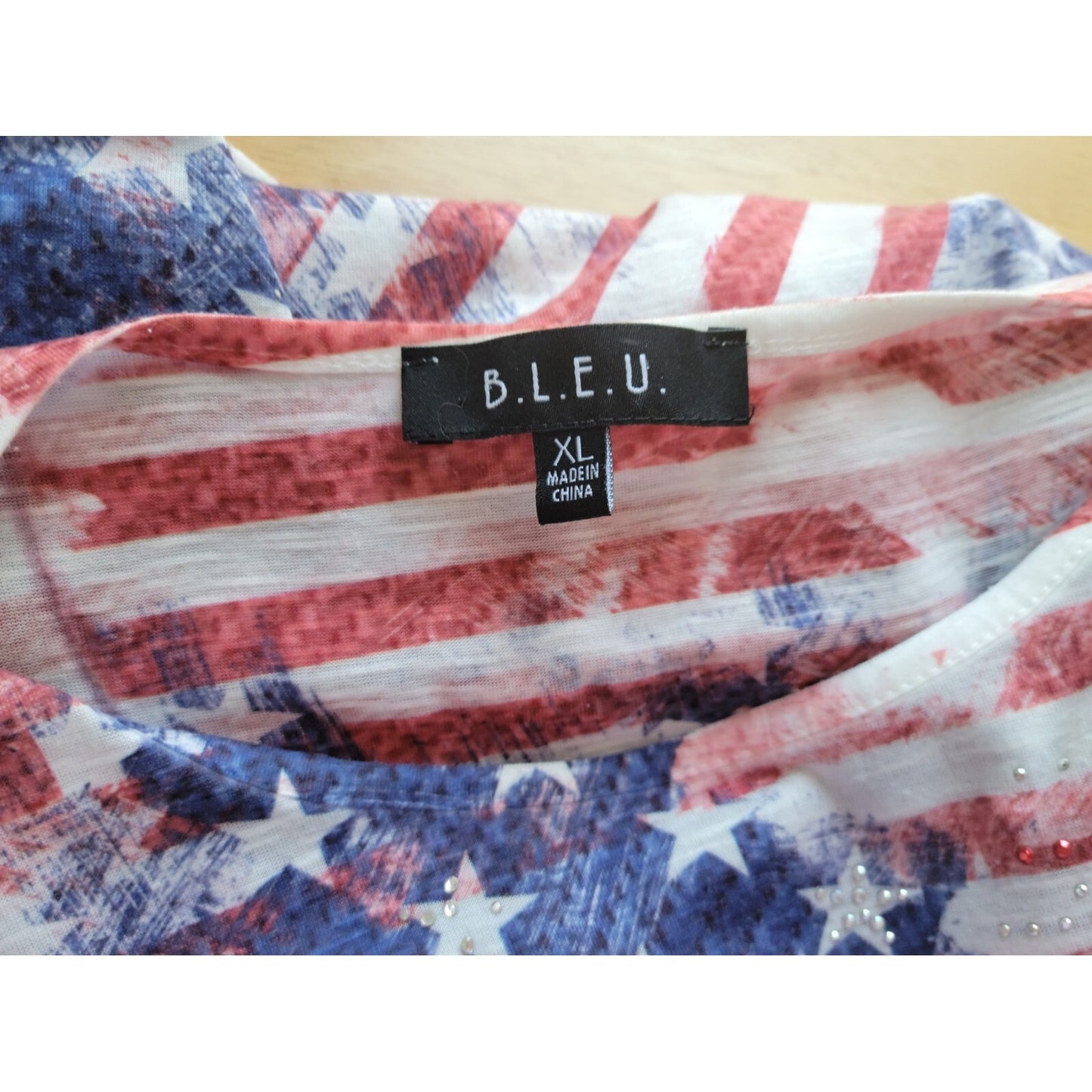 Patriotic BLEU Womens Top XL Tee Fourth of July Flag Studded Casual Cap Sleeve