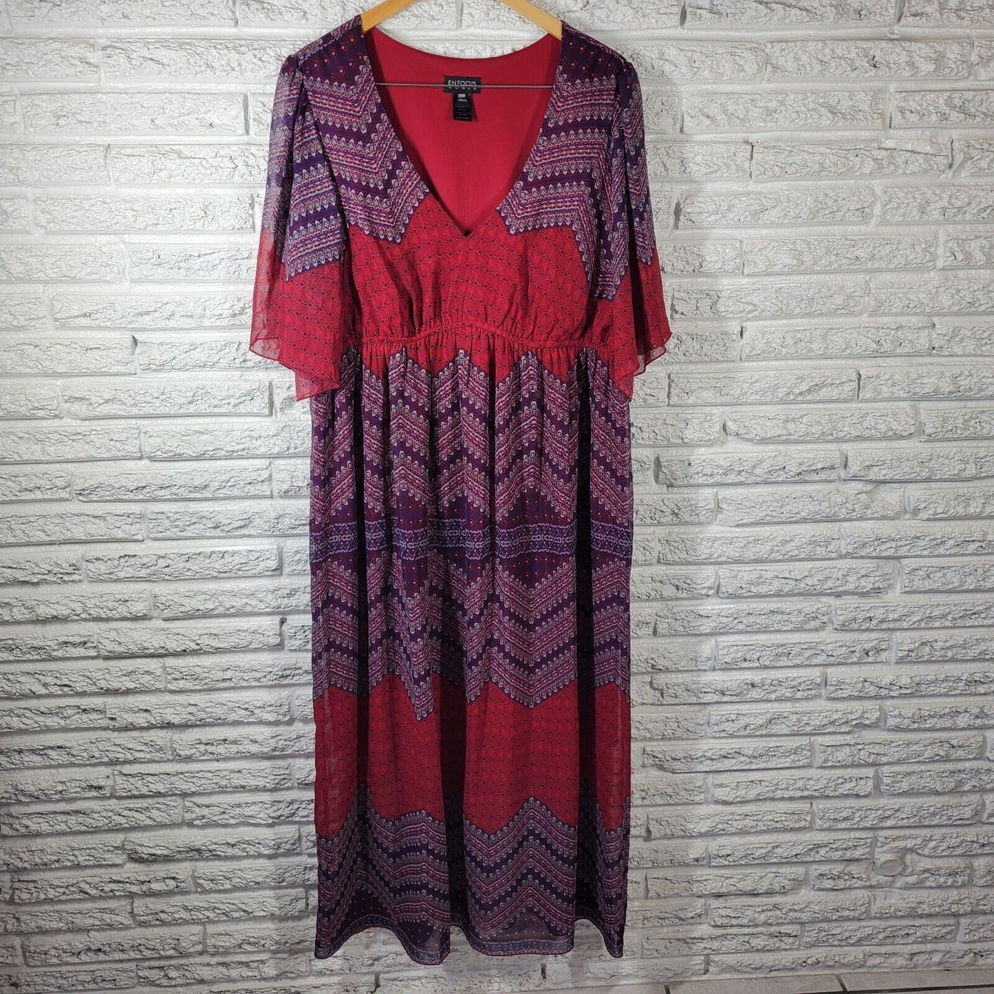 Enfocus Womens Dress 20W Plus Midi Sheath Sheer Sleeve Purple Red Geometric