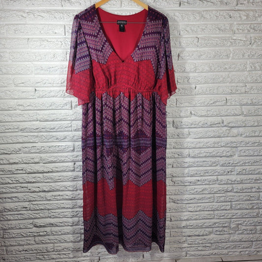 Enfocus Womens Dress 20W Plus Midi Sheath Sheer Sleeve Purple Red Geometric