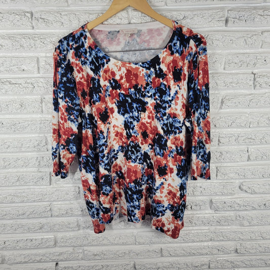 Dress Barn Womens Top 3X Plus 3/4 Sleeve Blue Red Watercolor