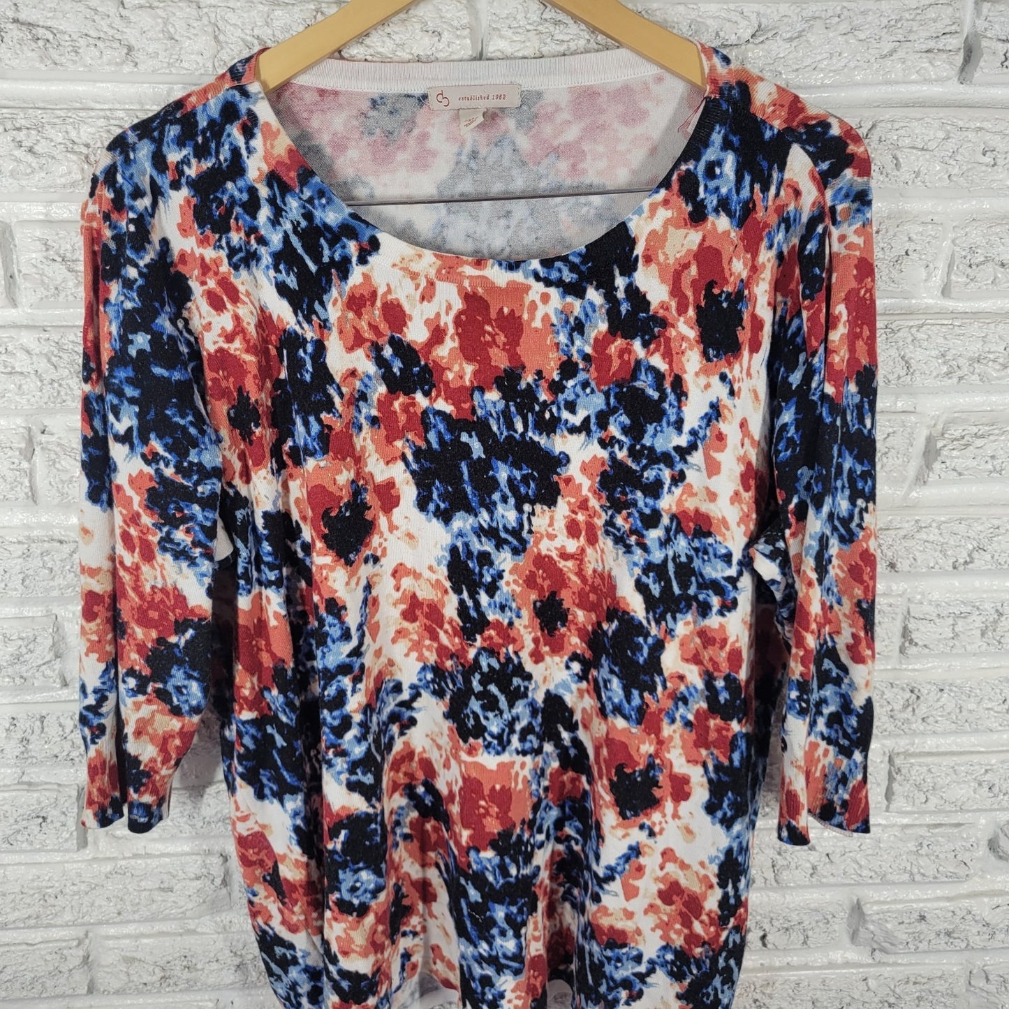 Dress Barn Womens Top 3X Plus 3/4 Sleeve Blue Red Watercolor