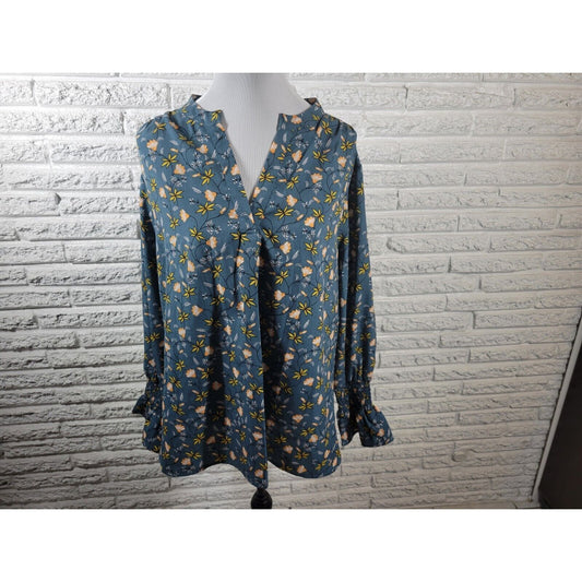 Ellos Womens Top 20 Plus Pullover Long Bell Sleeve Blue Yellow Floral Polyester