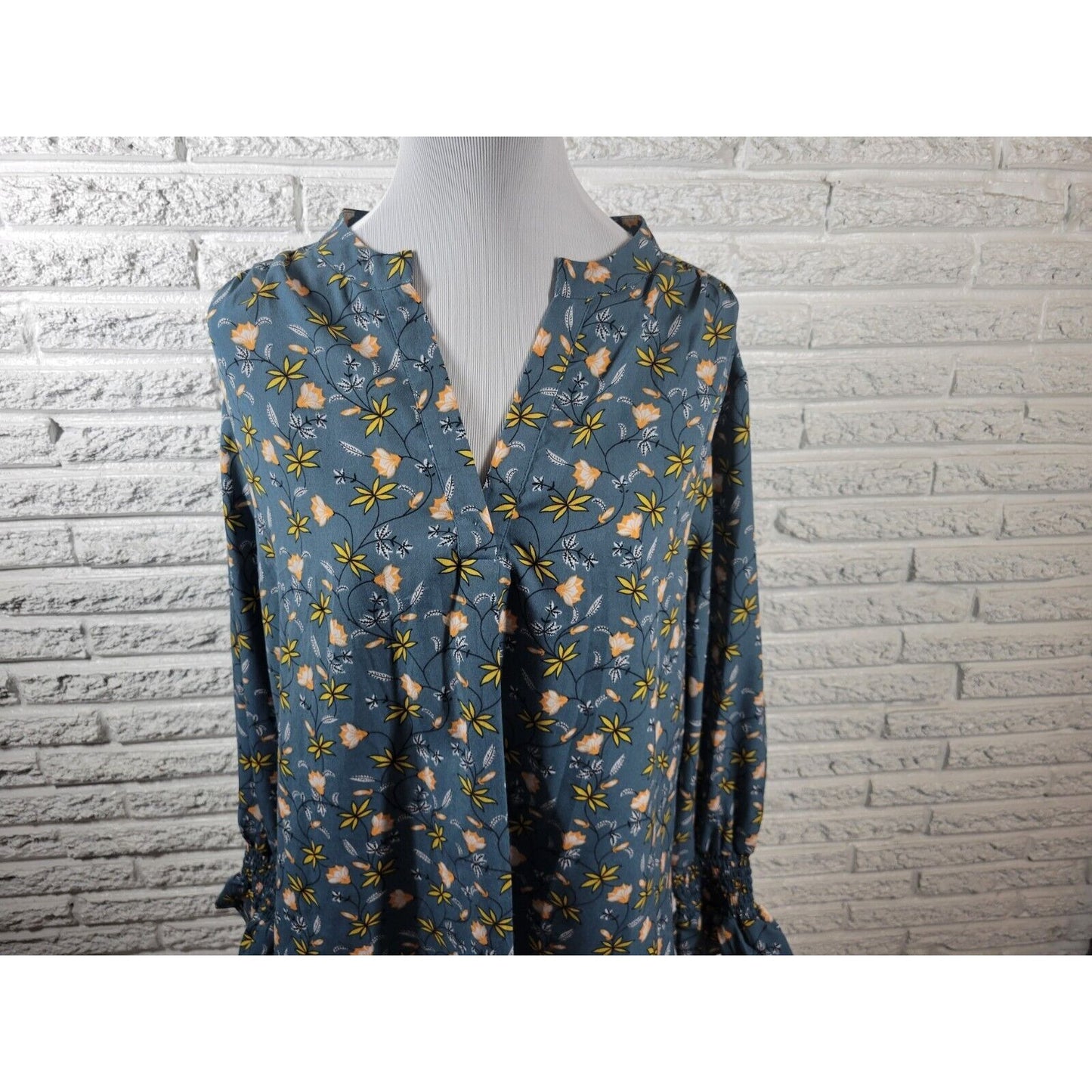 Ellos Womens Top 20 Plus Pullover Long Bell Sleeve Blue Yellow Floral Polyester