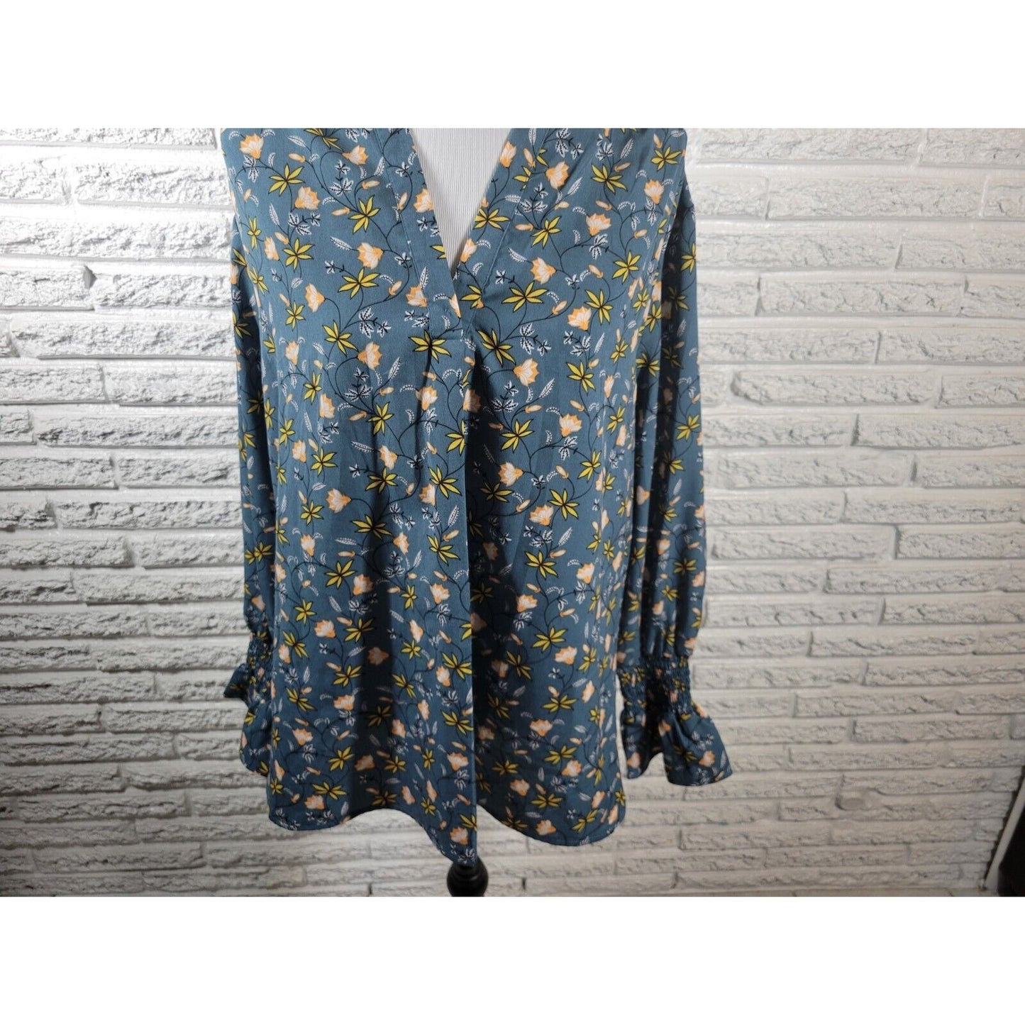 Ellos Womens Top 20 Plus Pullover Long Bell Sleeve Blue Yellow Floral Polyester