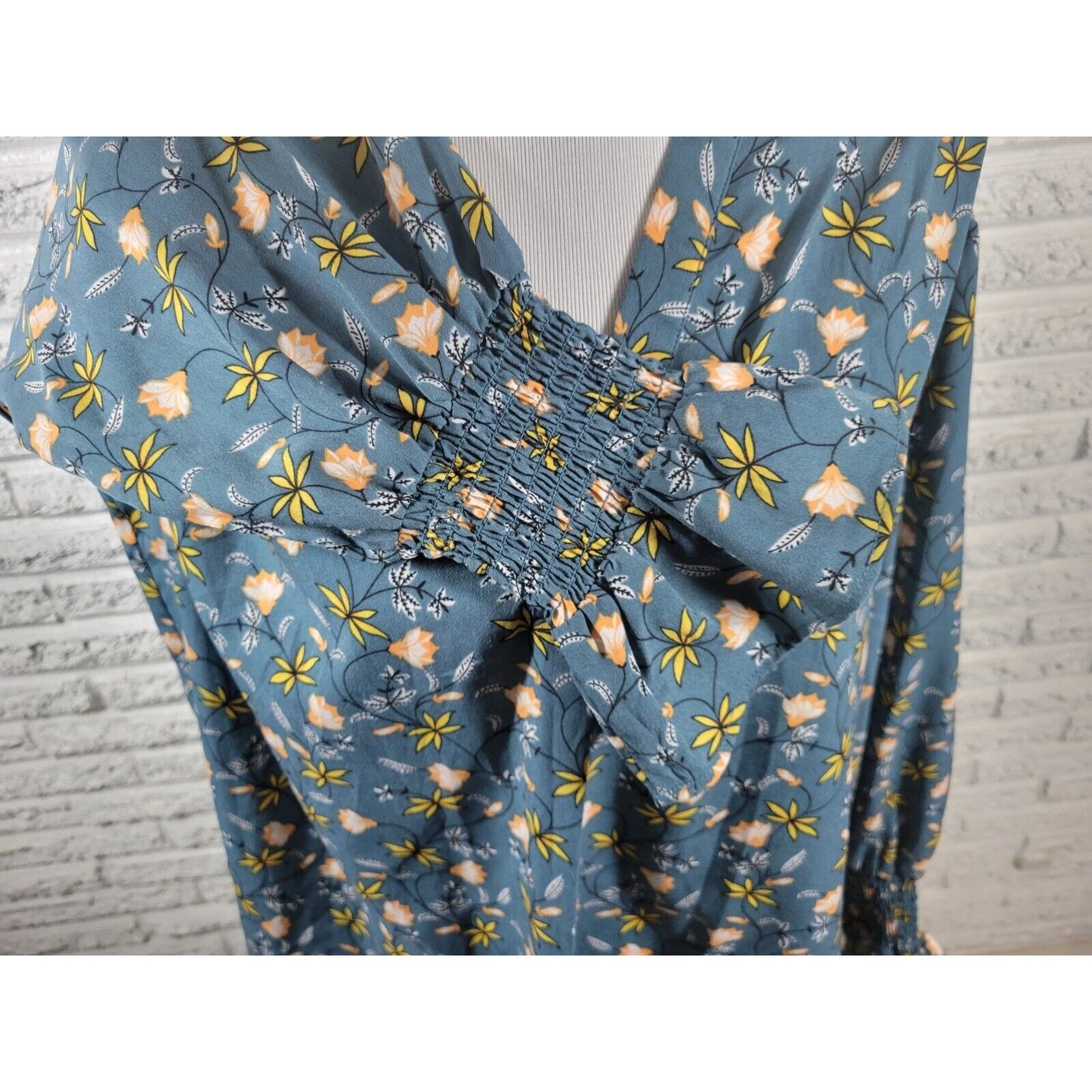 Ellos Womens Top 20 Plus Pullover Long Bell Sleeve Blue Yellow Floral Polyester