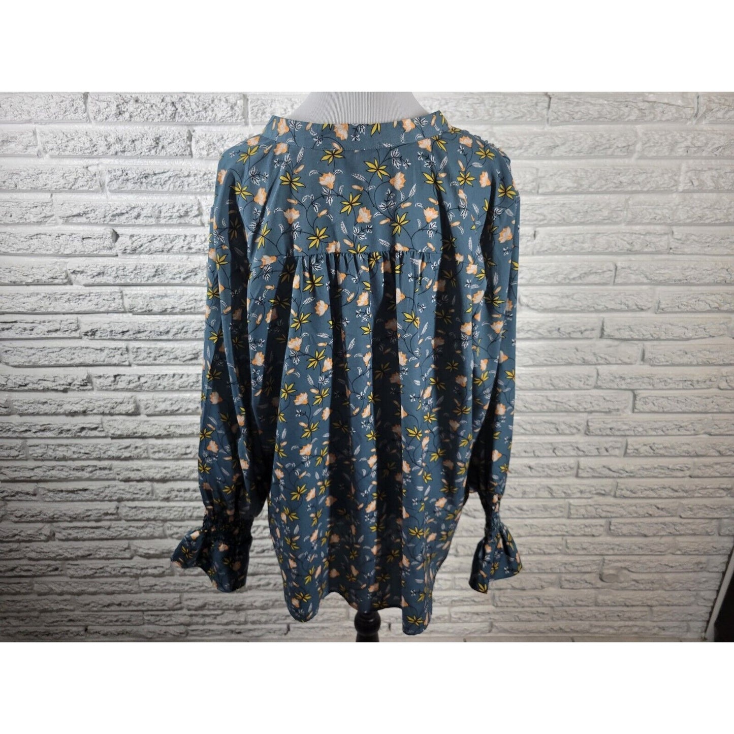 Ellos Womens Top 20 Plus Pullover Long Bell Sleeve Blue Yellow Floral Polyester