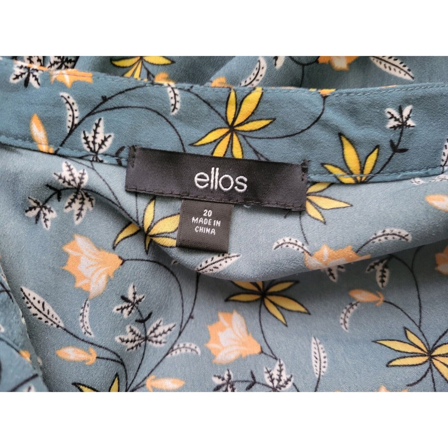 Ellos Womens Top 20 Plus Pullover Long Bell Sleeve Blue Yellow Floral Polyester