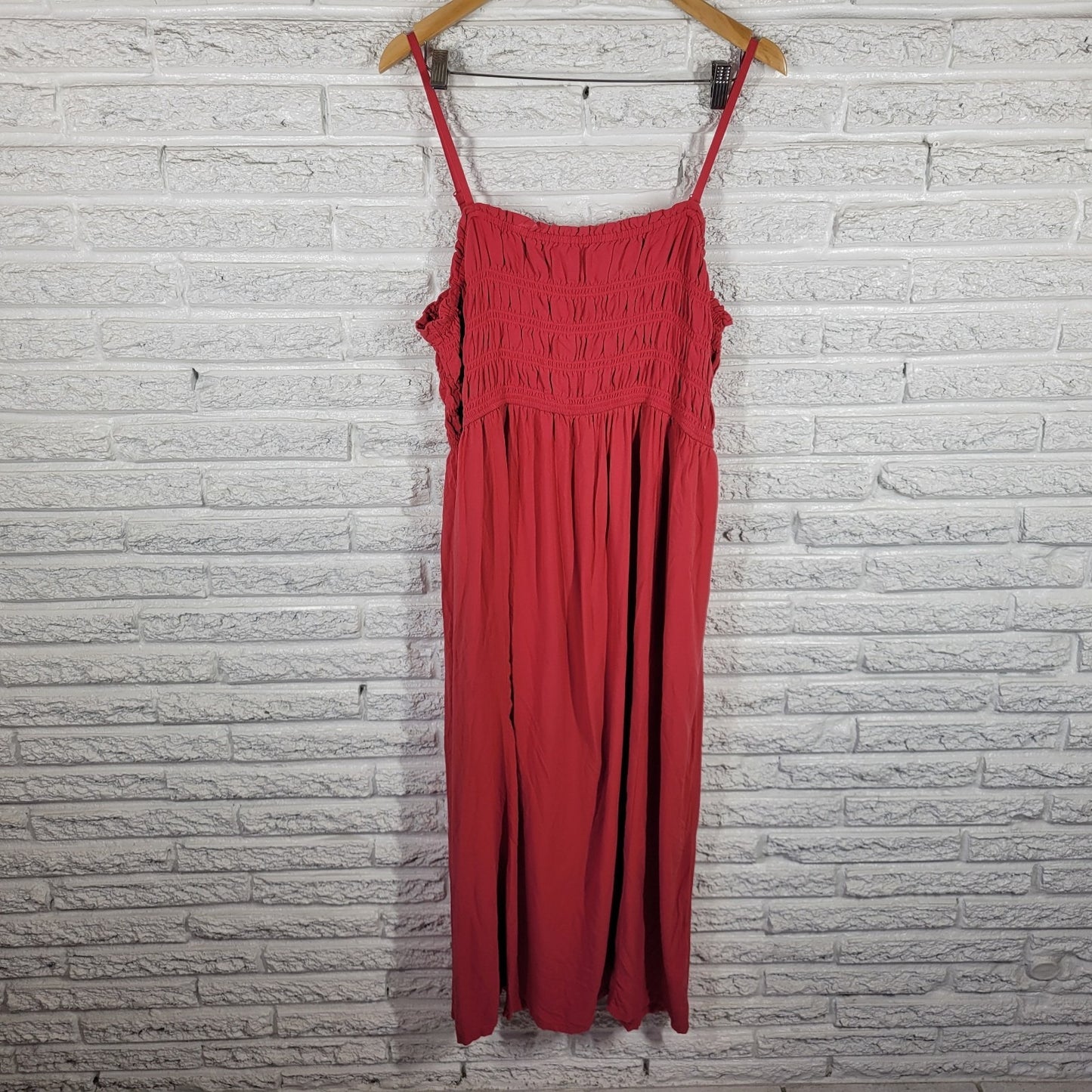 Old Navy XL Red Slip Dress Midi Pockets Smocked Square Neck Spaghetti Strap
