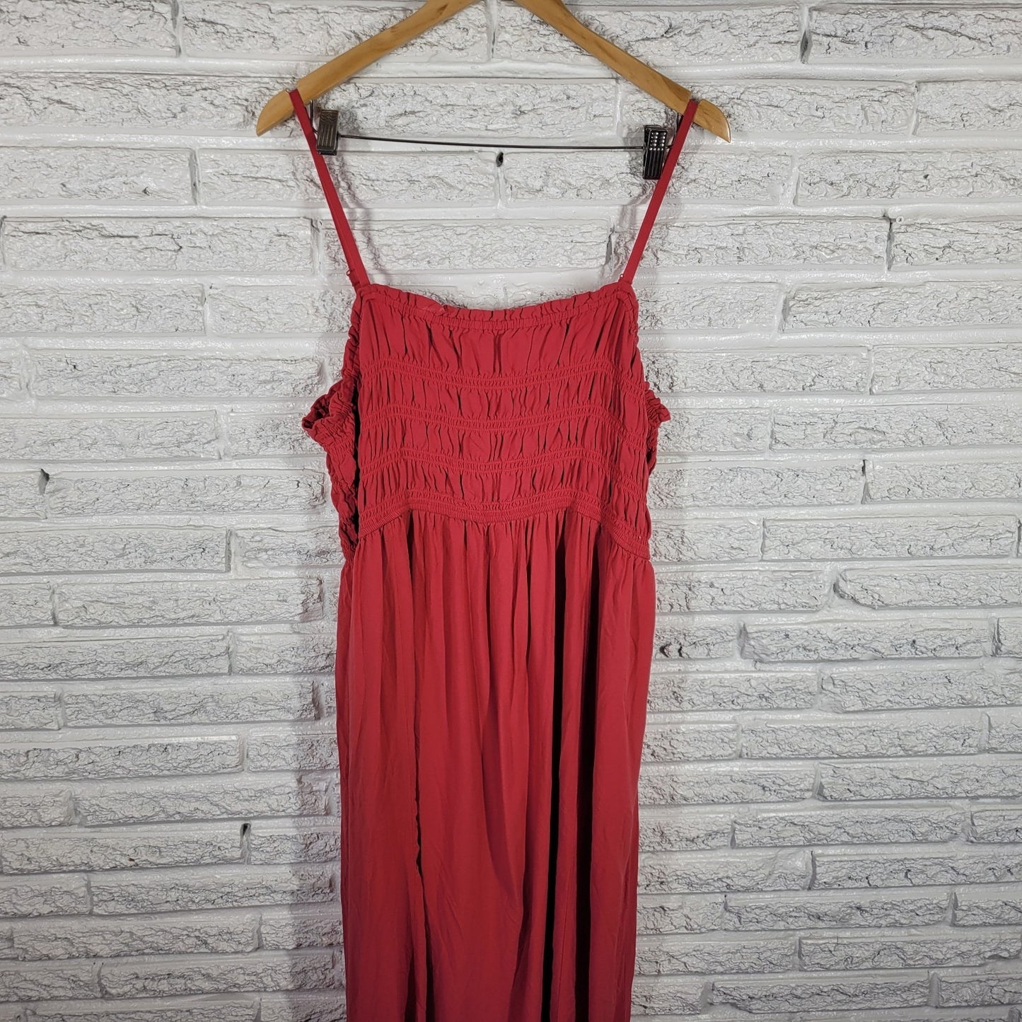Old Navy XL Red Slip Dress Midi Pockets Smocked Square Neck Spaghetti Strap