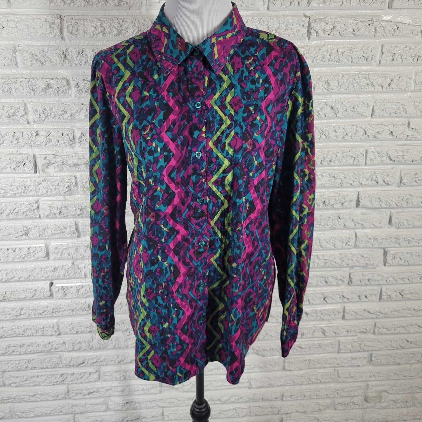 Westbound Women's XL Purple Geometric Cotton Blend Button-Up Top Fitted Sleeve