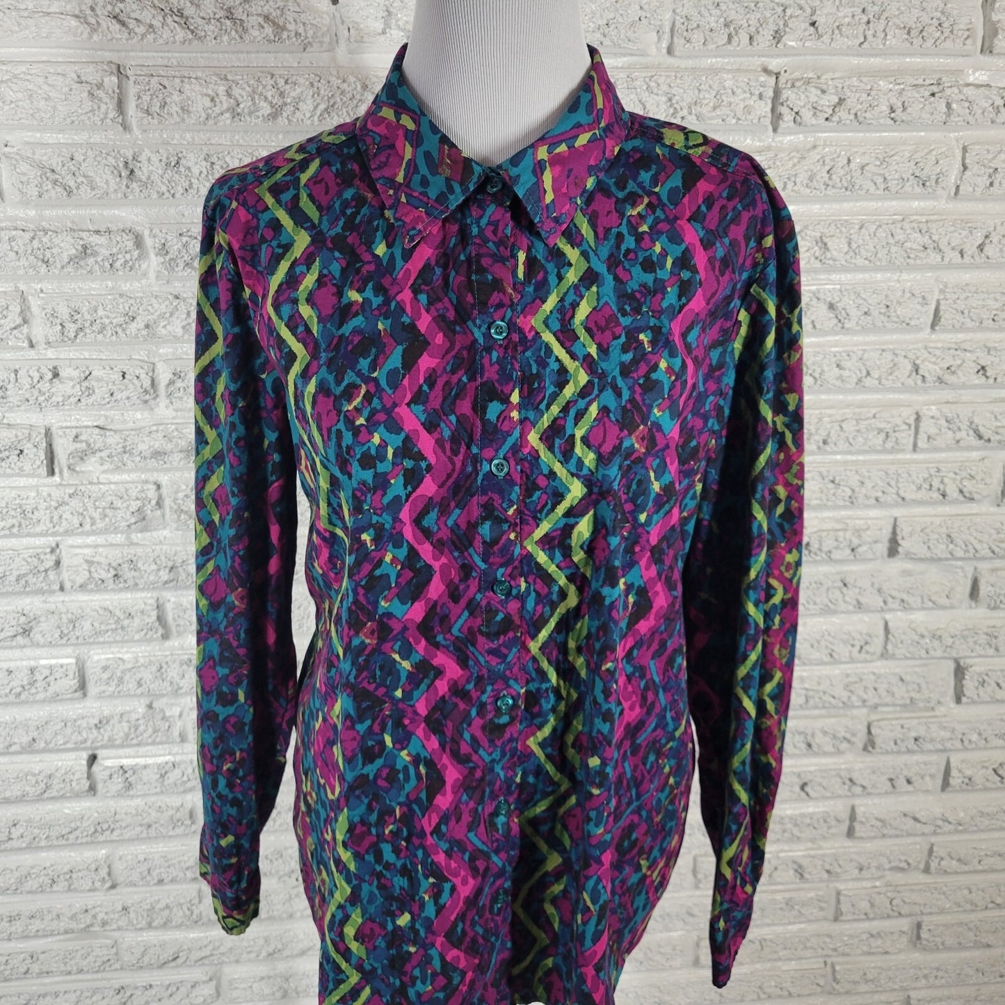 Westbound Women's XL Purple Geometric Cotton Blend Button-Up Top Fitted Sleeve