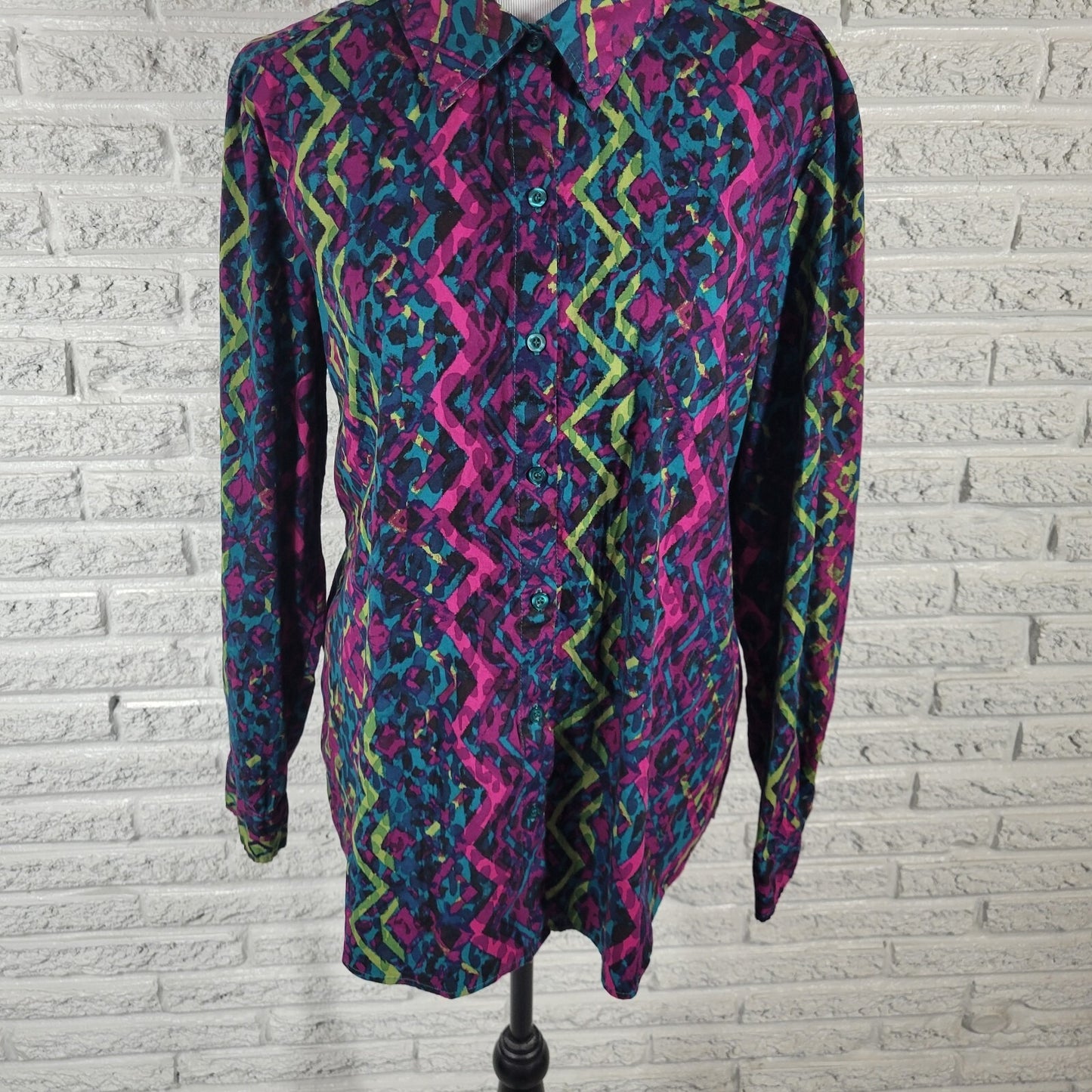 Westbound Women's XL Purple Geometric Cotton Blend Button-Up Top Fitted Sleeve