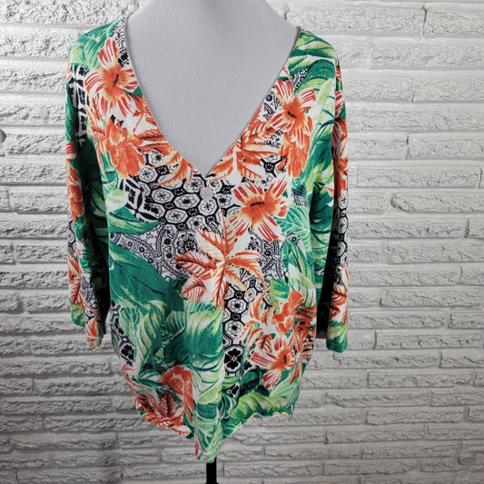 CJ Banks Womens Sweater 2X Cardigan 3/4 Sleeve Orange Floral One Button Career