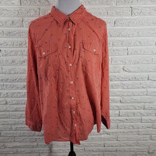 St Johns Bay Womens Top 2X Plus Long Sleeve Red Stripe Button Up Butterflies