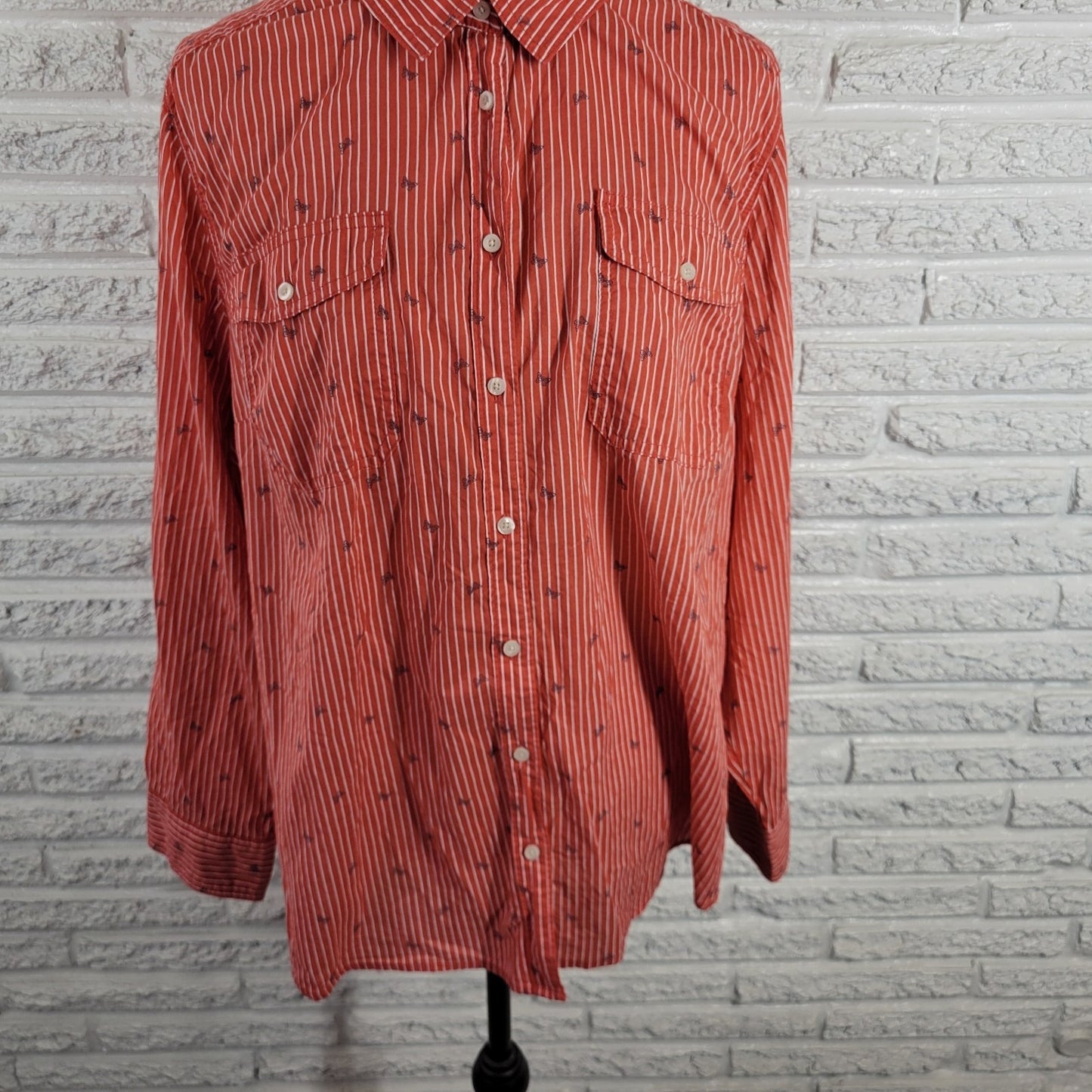 St Johns Bay Womens Top 2X Plus Long Sleeve Red Stripe Button Up Butterflies