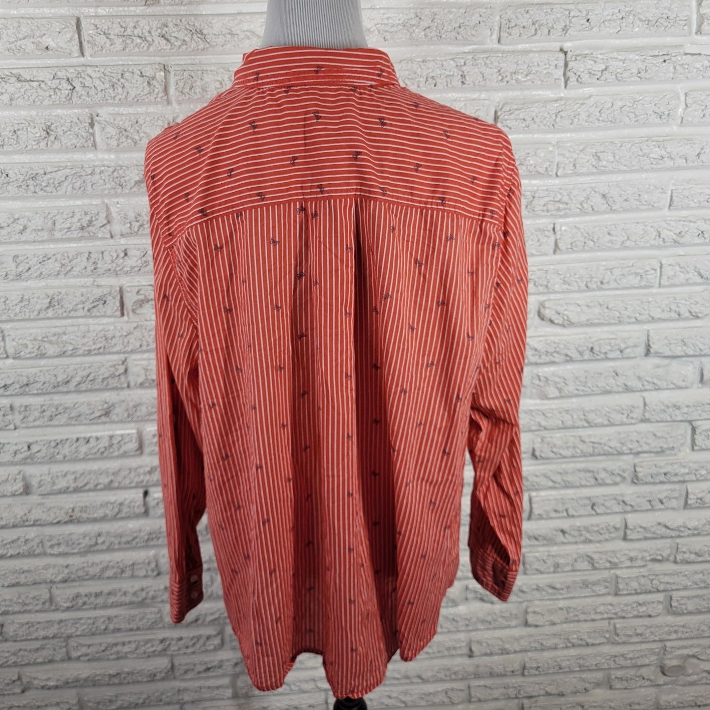 St Johns Bay Womens Top 2X Plus Long Sleeve Red Stripe Button Up Butterflies