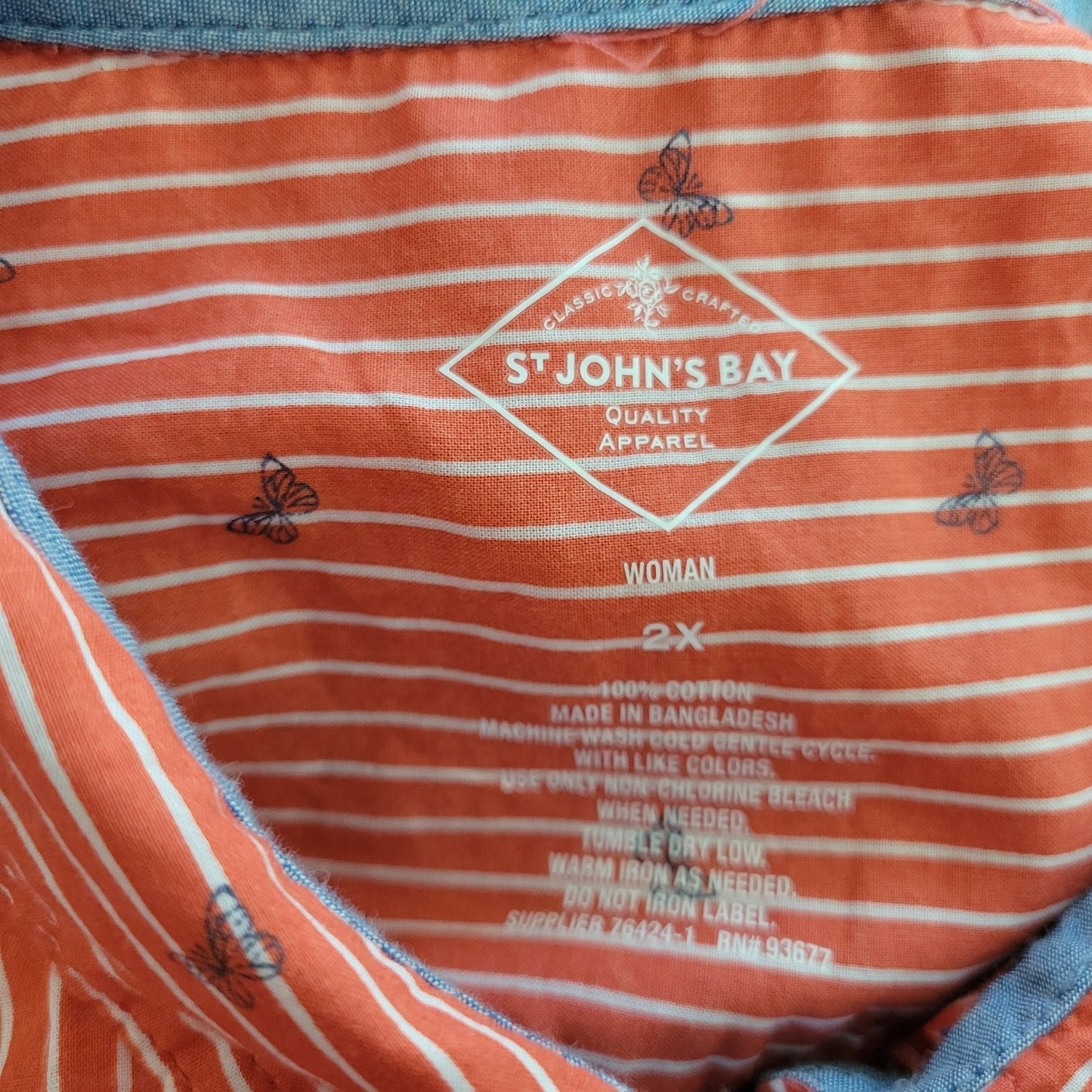 St Johns Bay Womens Top 2X Plus Long Sleeve Red Stripe Button Up Butterflies