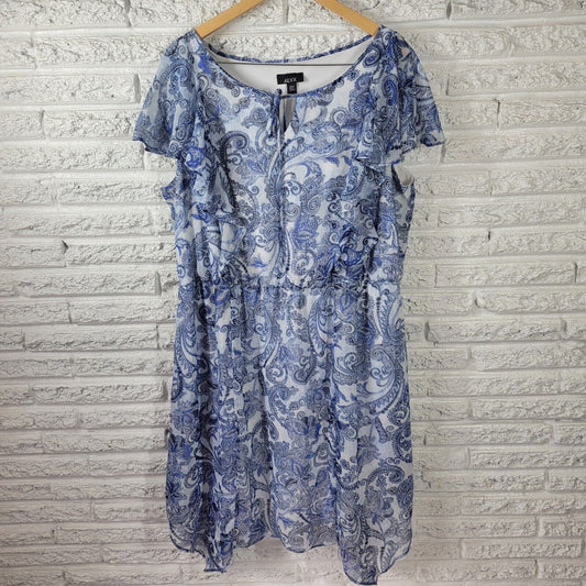 Alyx Women Dress 20W Plus Sheath Flutter Sleeve Blue Paisley Lightweight Keyhole