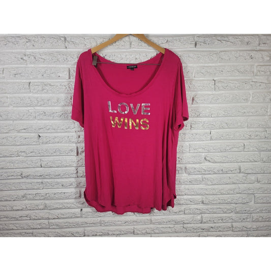 Lane Bryant Women Top 18 20 Plus Tee Short Sleeve Pink Love Wins Rayon Spandex