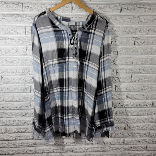 Avenue Womens Top 30 32 Plus Tunic Long Sleeve Gray Plaid Lightweight Lace Up