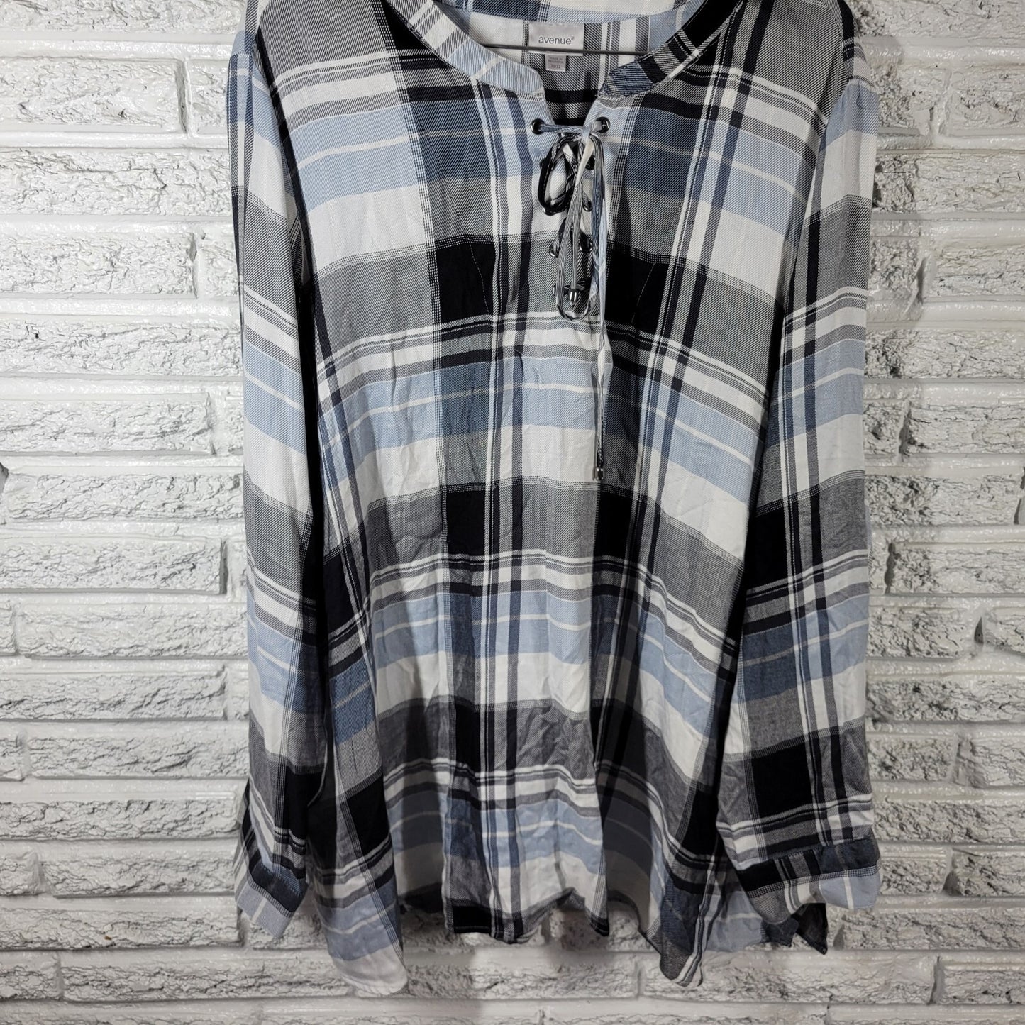 Avenue Womens Top 30 32 Plus Tunic Long Sleeve Gray Plaid Lightweight Lace Up