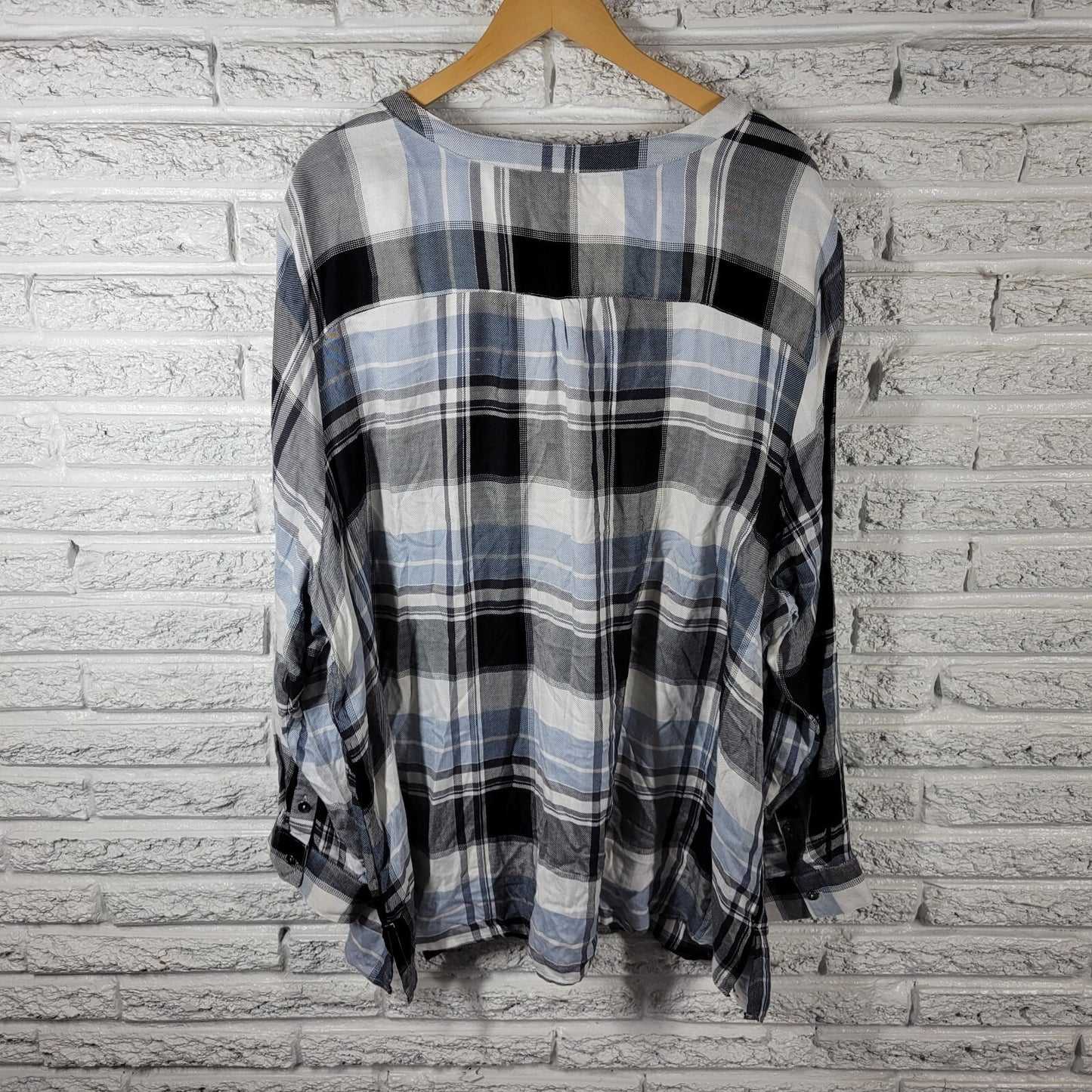 Avenue Womens Top 30 32 Plus Tunic Long Sleeve Gray Plaid Lightweight Lace Up