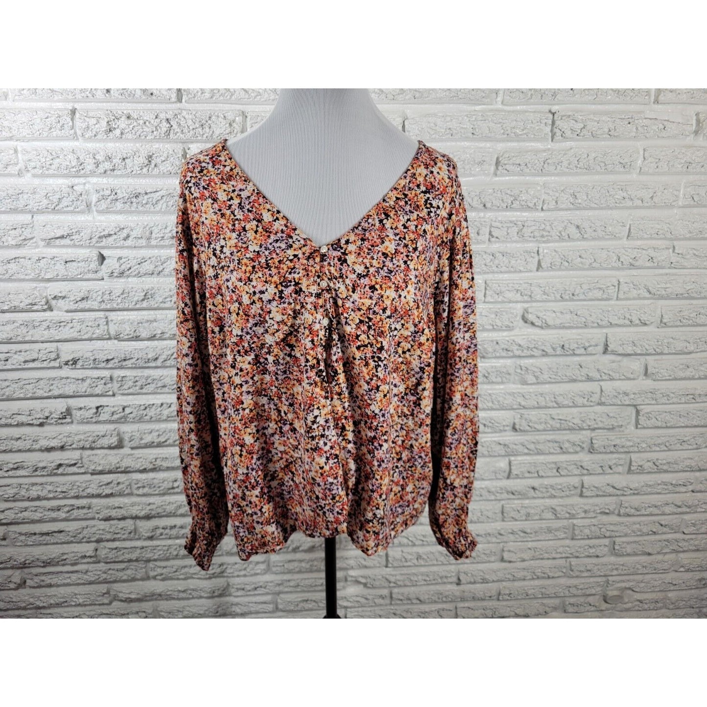 Old Navy Womens Top 2X Cropped Long Sleeve Brown Floral Casual Quarter Button