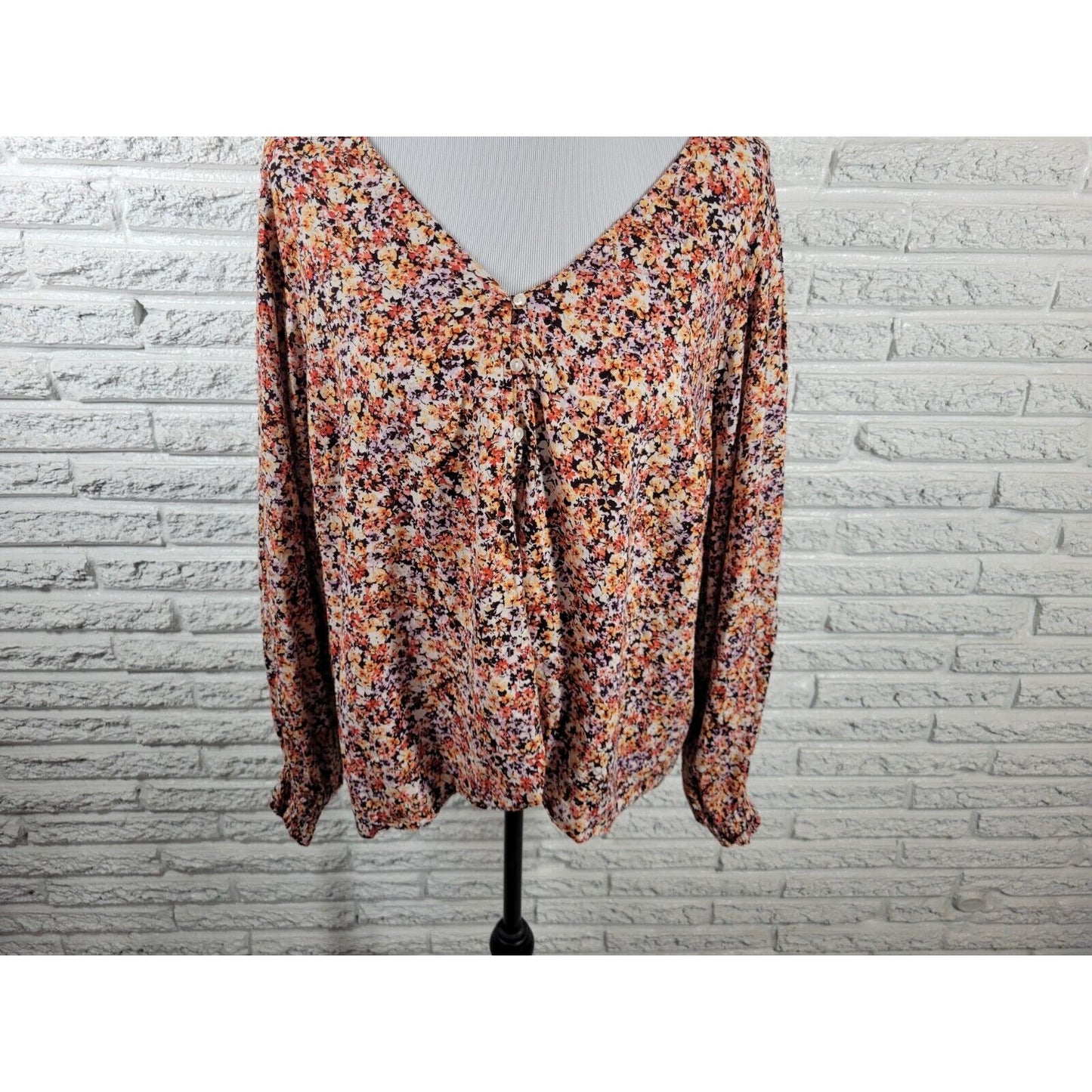Old Navy Womens Top 2X Cropped Long Sleeve Brown Floral Casual Quarter Button