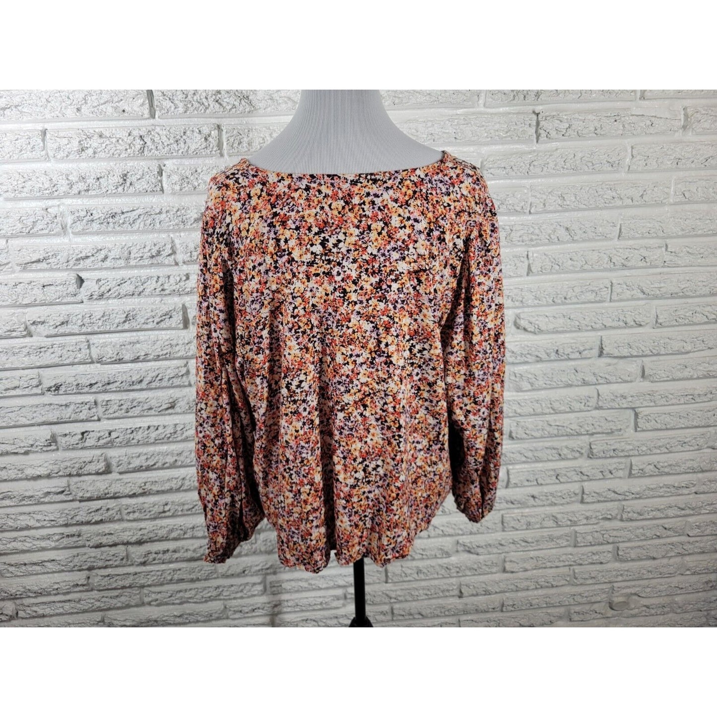 Old Navy Womens Top 2X Cropped Long Sleeve Brown Floral Casual Quarter Button
