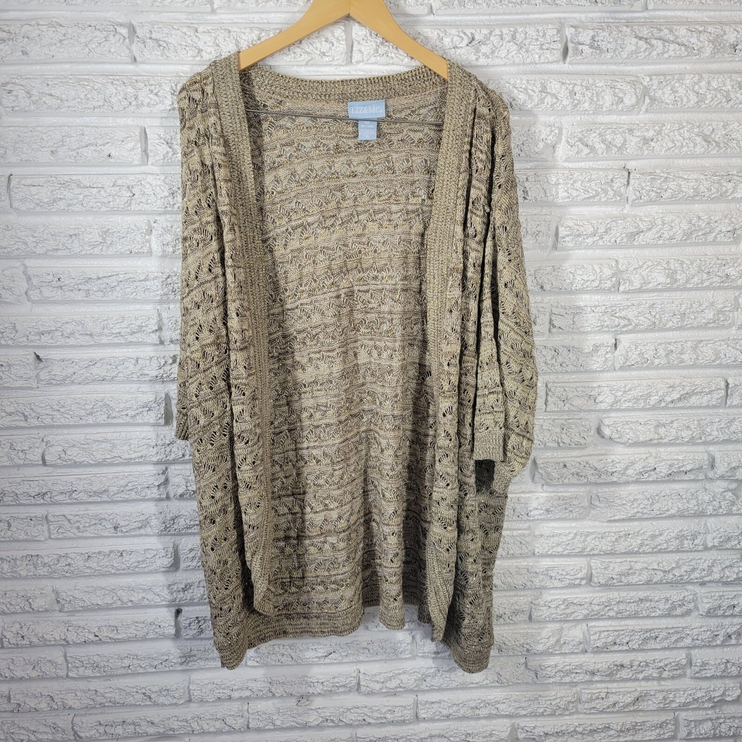 Liz Me Womens Sweater 4X Plus Cardigan Open Gold Tan Metallic Thread Acrylic