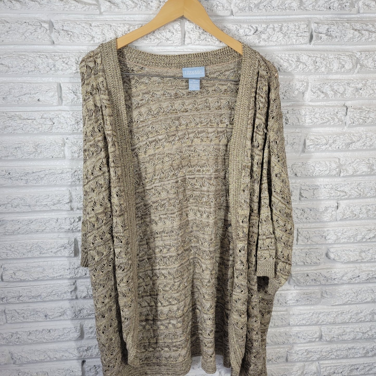 Liz Me Womens Sweater 4X Plus Cardigan Open Gold Tan Metallic Thread Acrylic